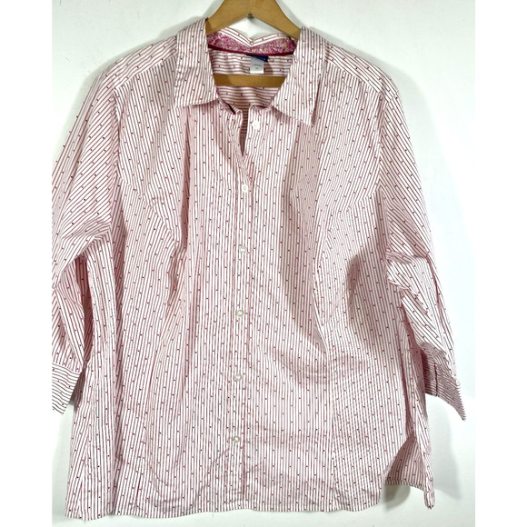 Basic Editions Blouse Top 3X Button Up White Red Polka Dot Stripe Cottagecore - Picture 3 of 12
